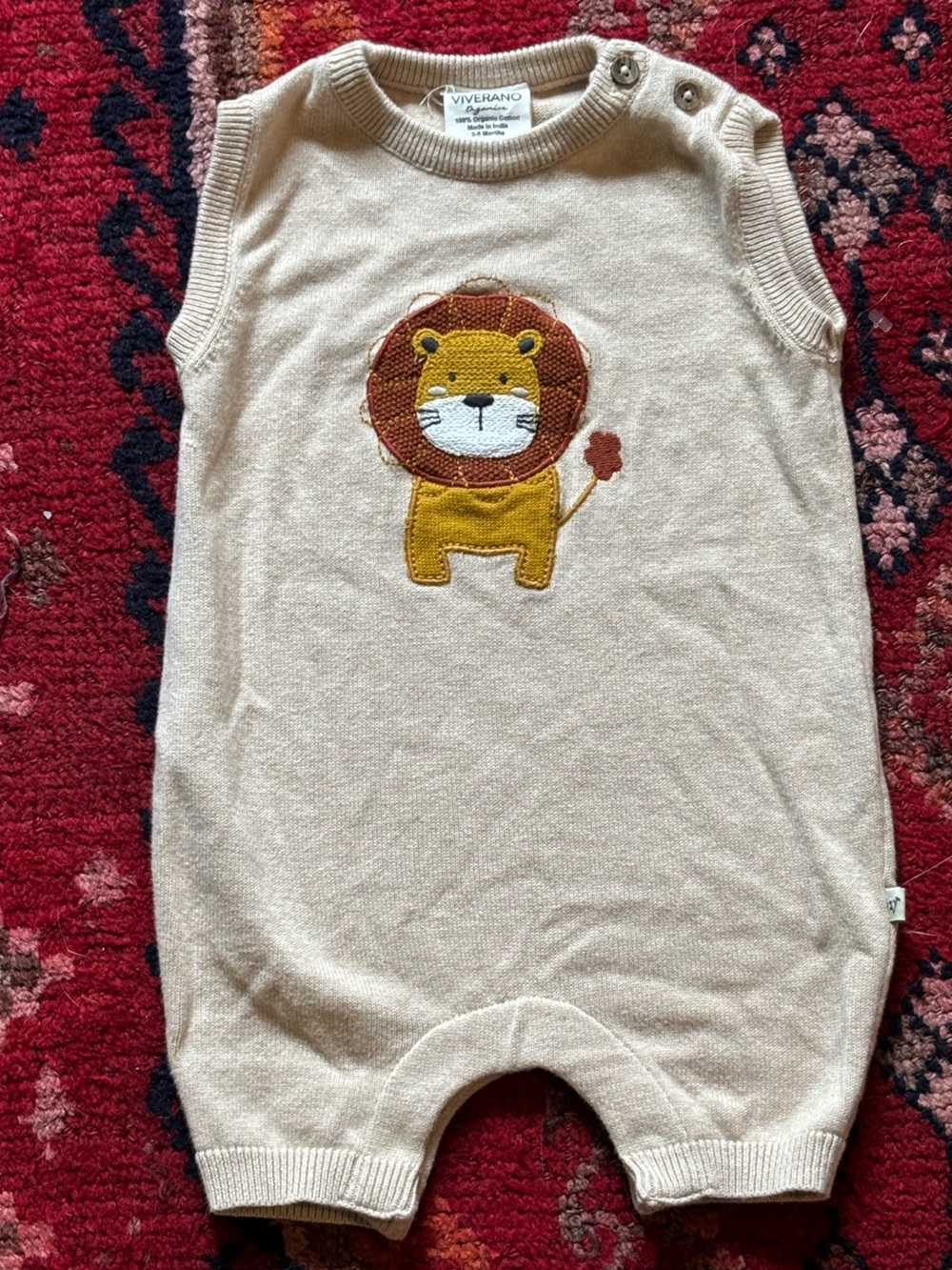 Viverano Organic Cotton Beige Romper with Lion Appliqué 3-6 Months